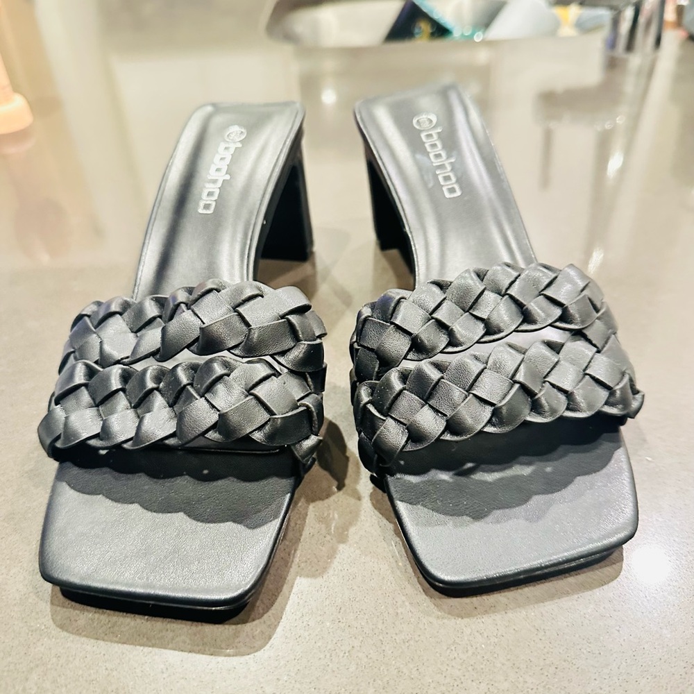 Boohoo Black Braided Mule Heels | Square Toe Slip On Sandals | Size 6